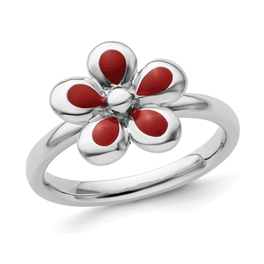 Sterling Silver Flower Ring with Red Enamel Image 1