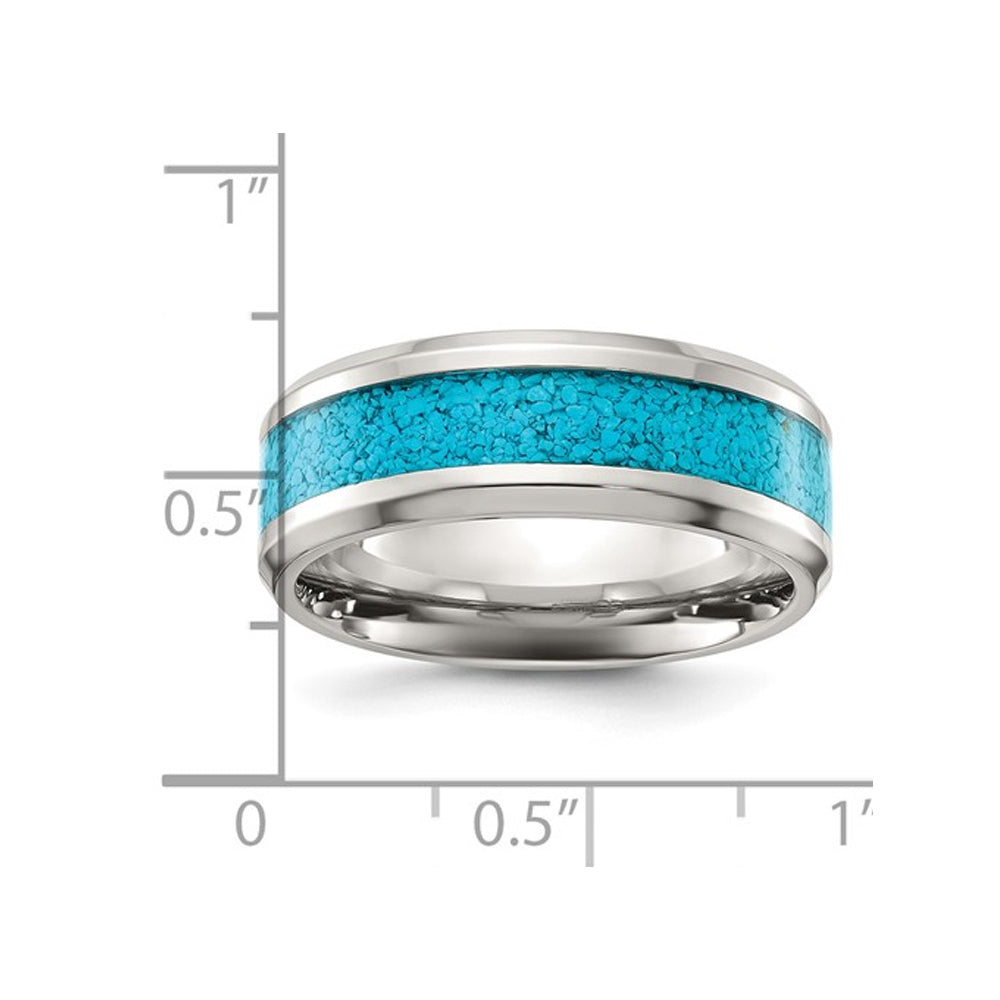 Mens Stainless Steel Band Ring with Turquoise Inlay (8mm) Image 2