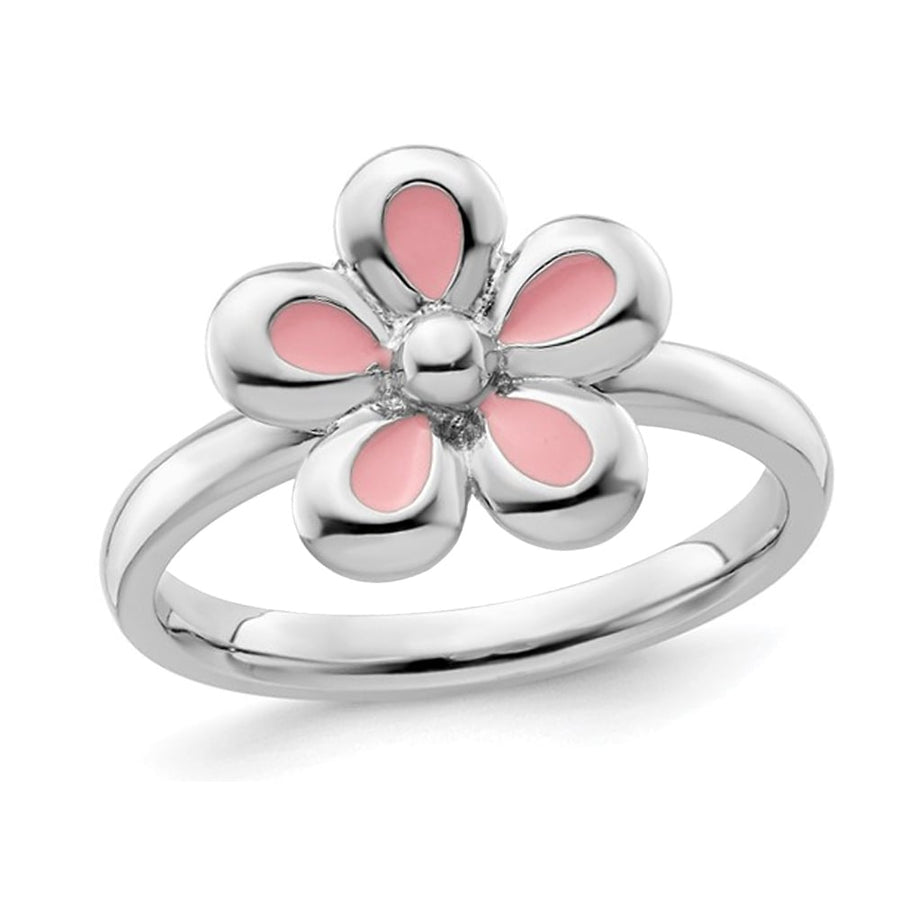 Sterling Silver Flower Ring with Pink Enamel Image 1