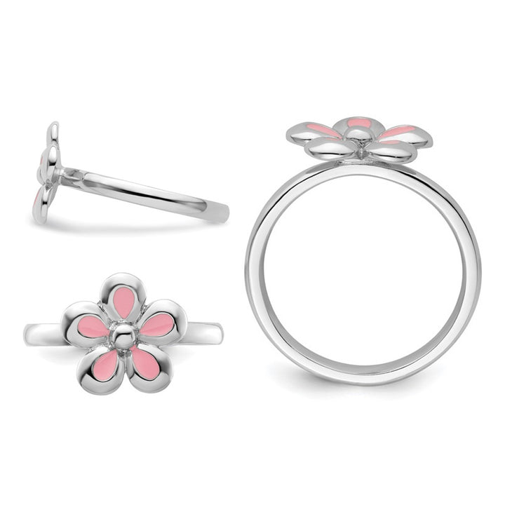 Sterling Silver Flower Ring with Pink Enamel Image 4