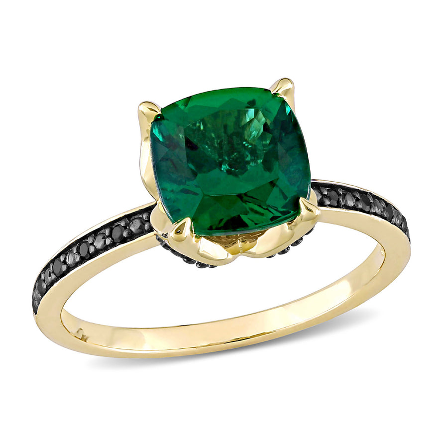 1.60 Carat (ctw) Lab-Created Emerald Ring in 10K Yellow Gold with Black Diamonds Image 1