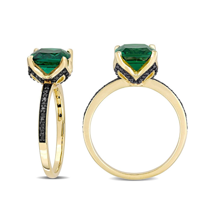 1.60 Carat (ctw) Lab-Created Emerald Ring in 10K Yellow Gold with Black Diamonds Image 3