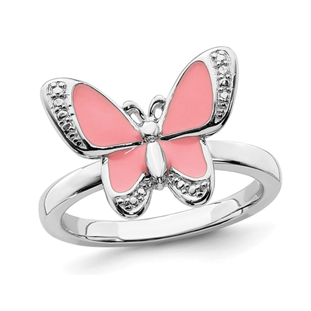 Sterling Silver Pink Enamel Butterfly Ring Image 1