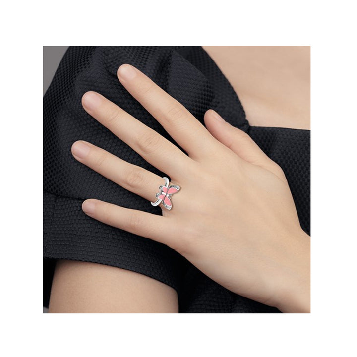 Sterling Silver Pink Enamel Butterfly Ring Image 2