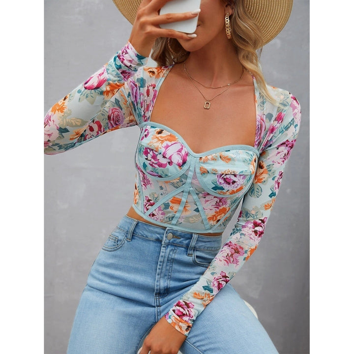 Floral Print Contrast Piping Mesh Crop Top Image 1