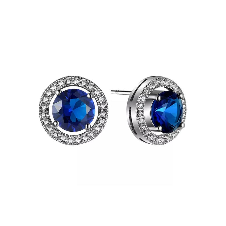 14k White Gold Plated 3 Ct Round Created Blue Crystal Halo Stud Earrings Image 1
