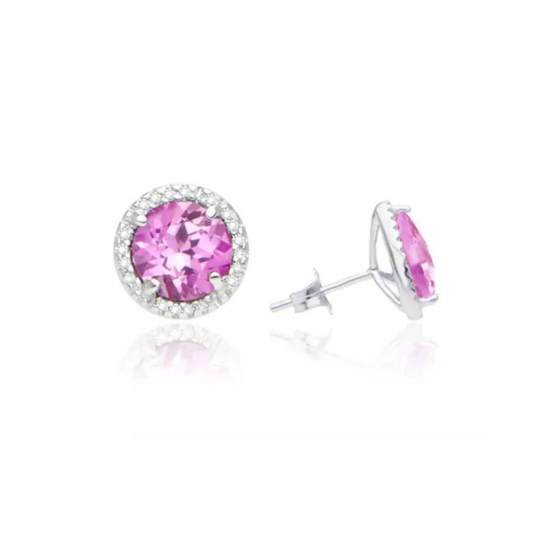 14k White Gold Plated 4 Ct Round Created Tourmaline Halo Stud Earrings Image 1