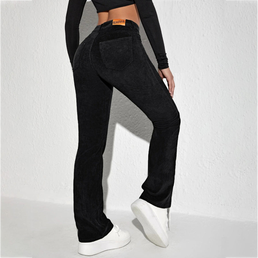 Letter Patched Flare Leg Corduroy Pants Image 1