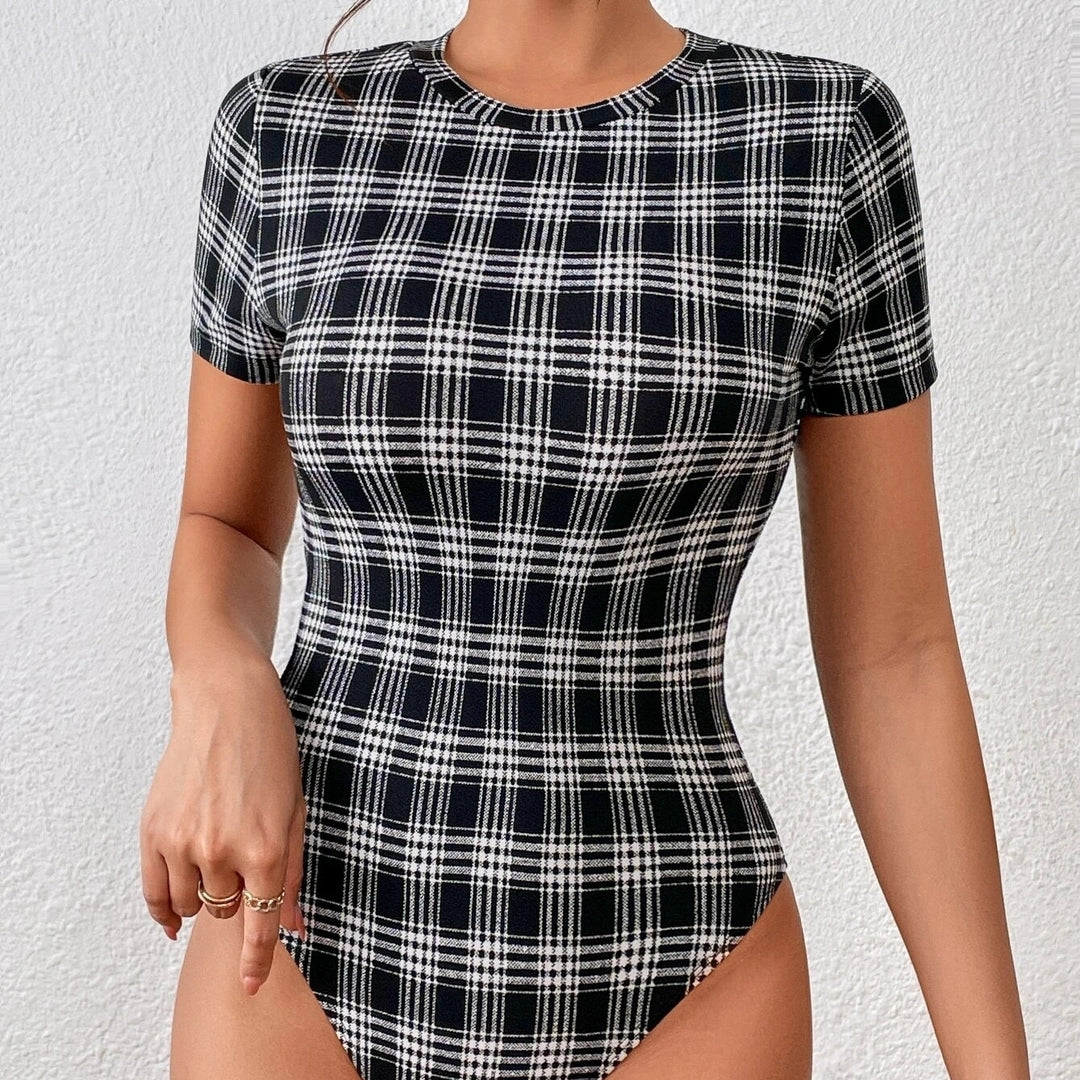 Plaid Print Slim Fit Bodysuit Image 1