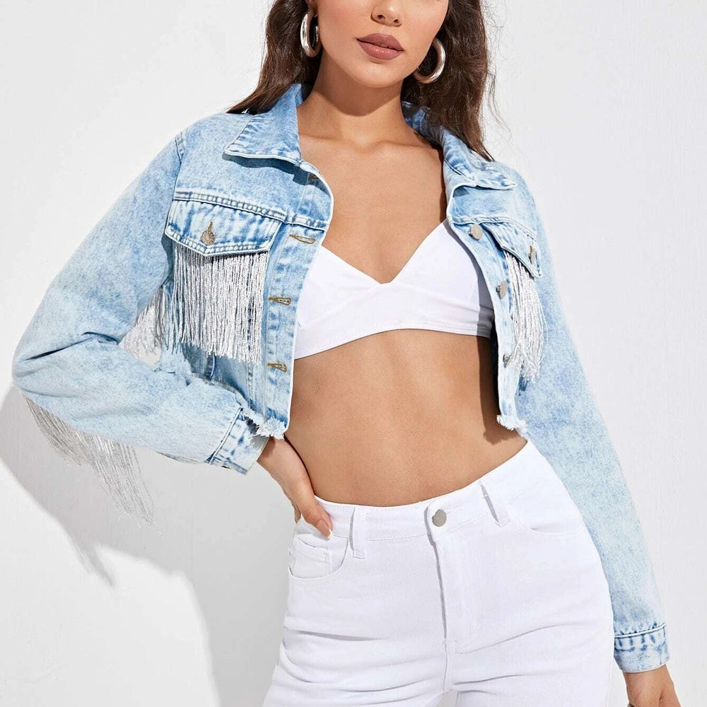 Raw Hem Fringe Detail Crop Denim Jacket Image 2