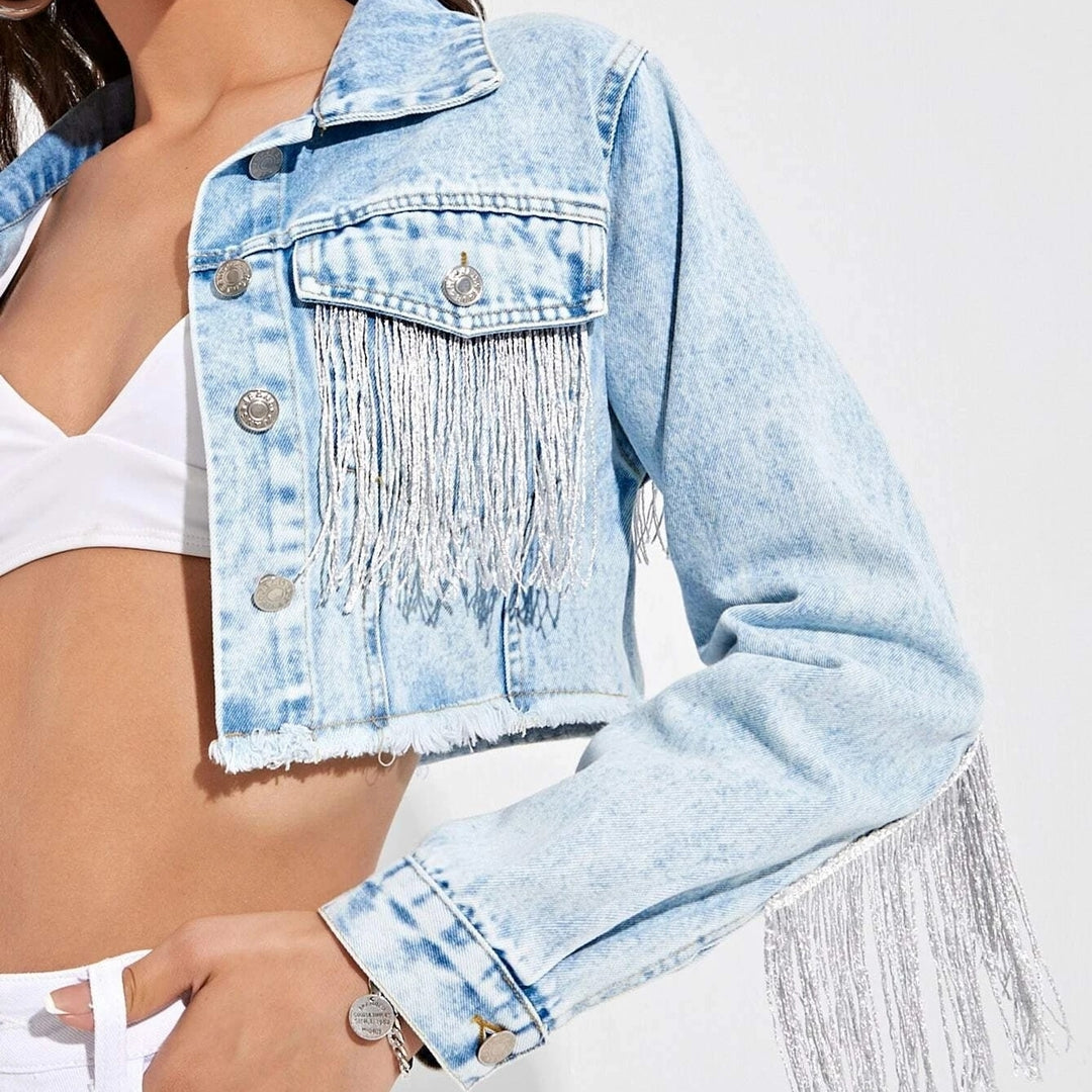 Raw Hem Fringe Detail Crop Denim Jacket Image 3