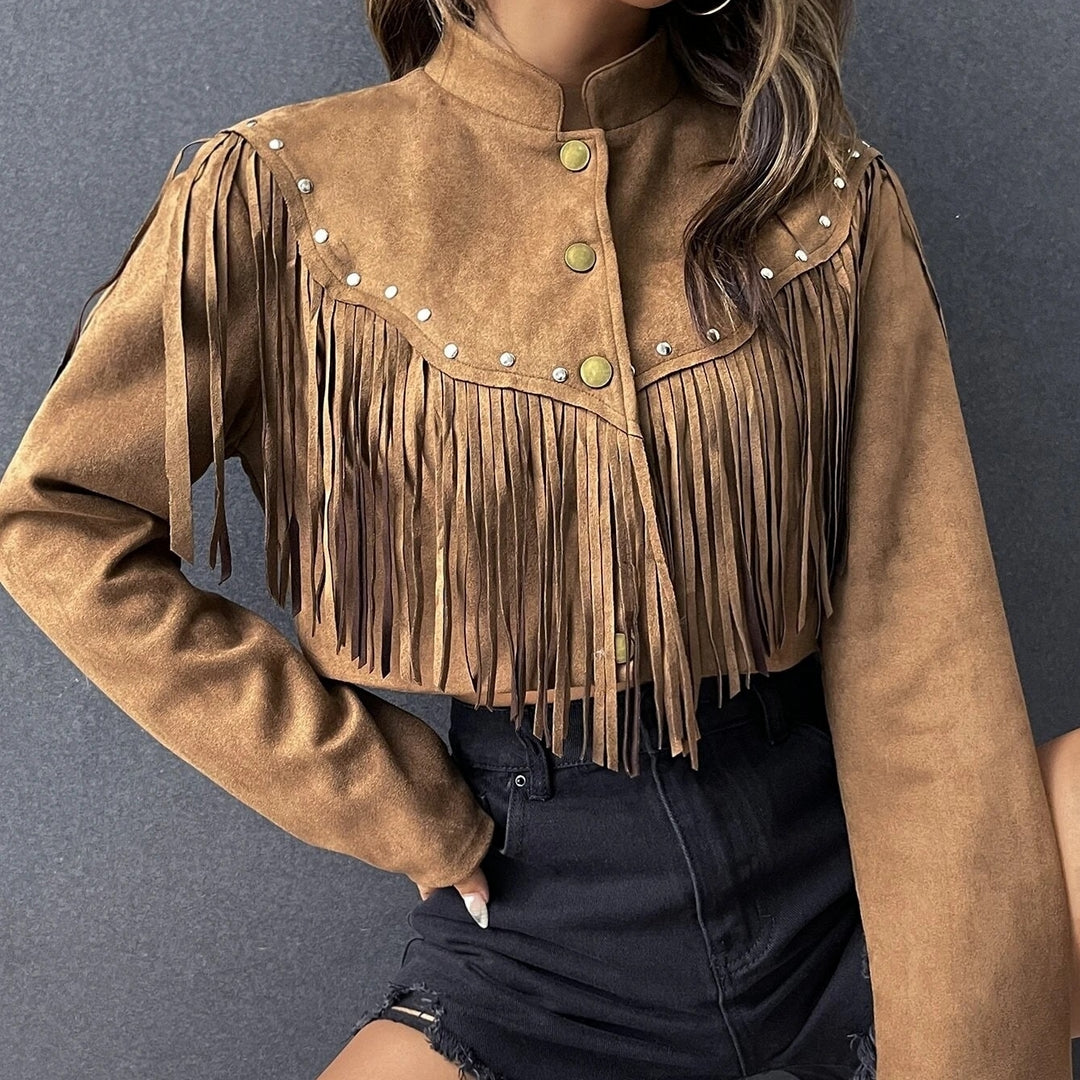 Studded Tassel Trim Faux Suede Crop Jacket Image 1