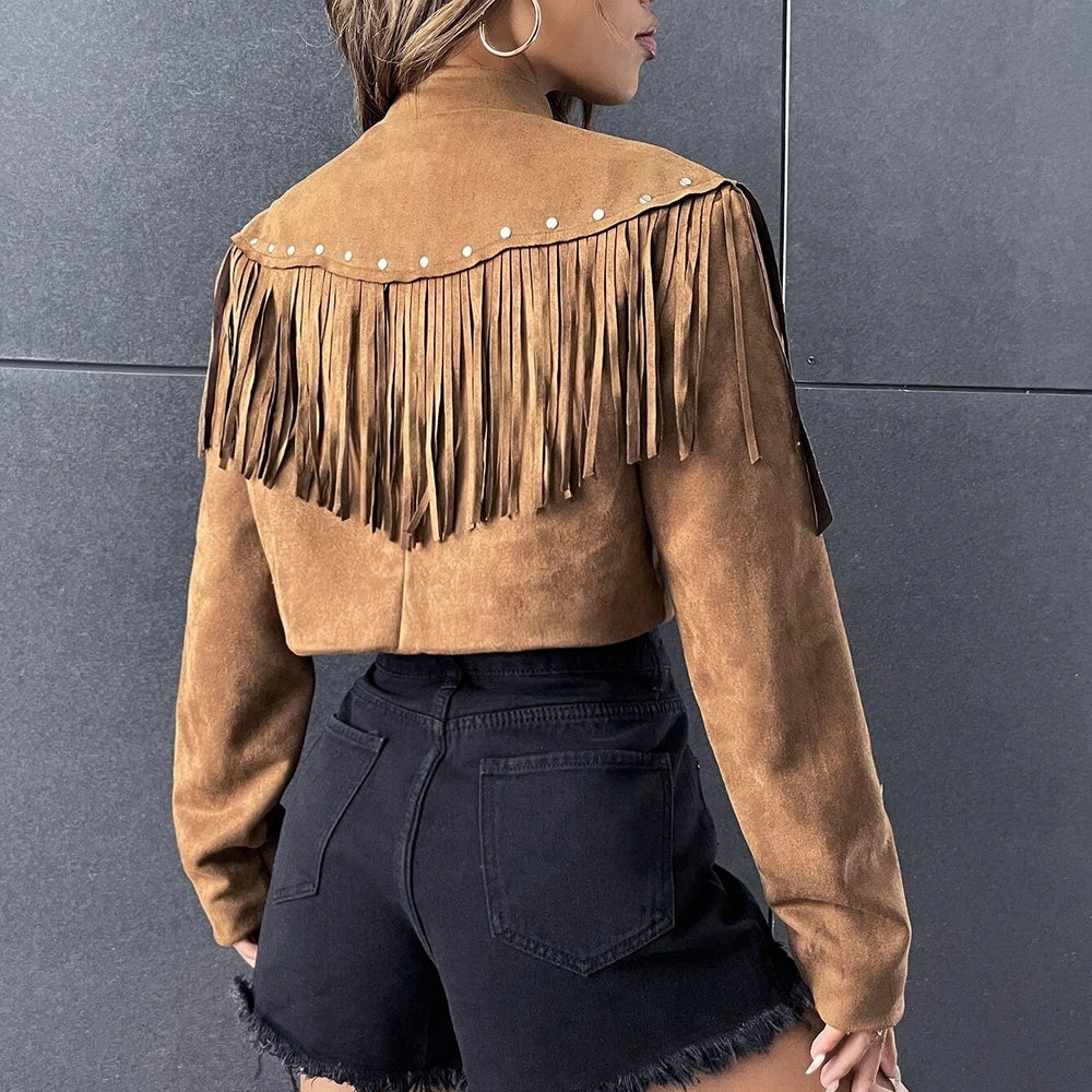 Studded Tassel Trim Faux Suede Crop Jacket Image 2