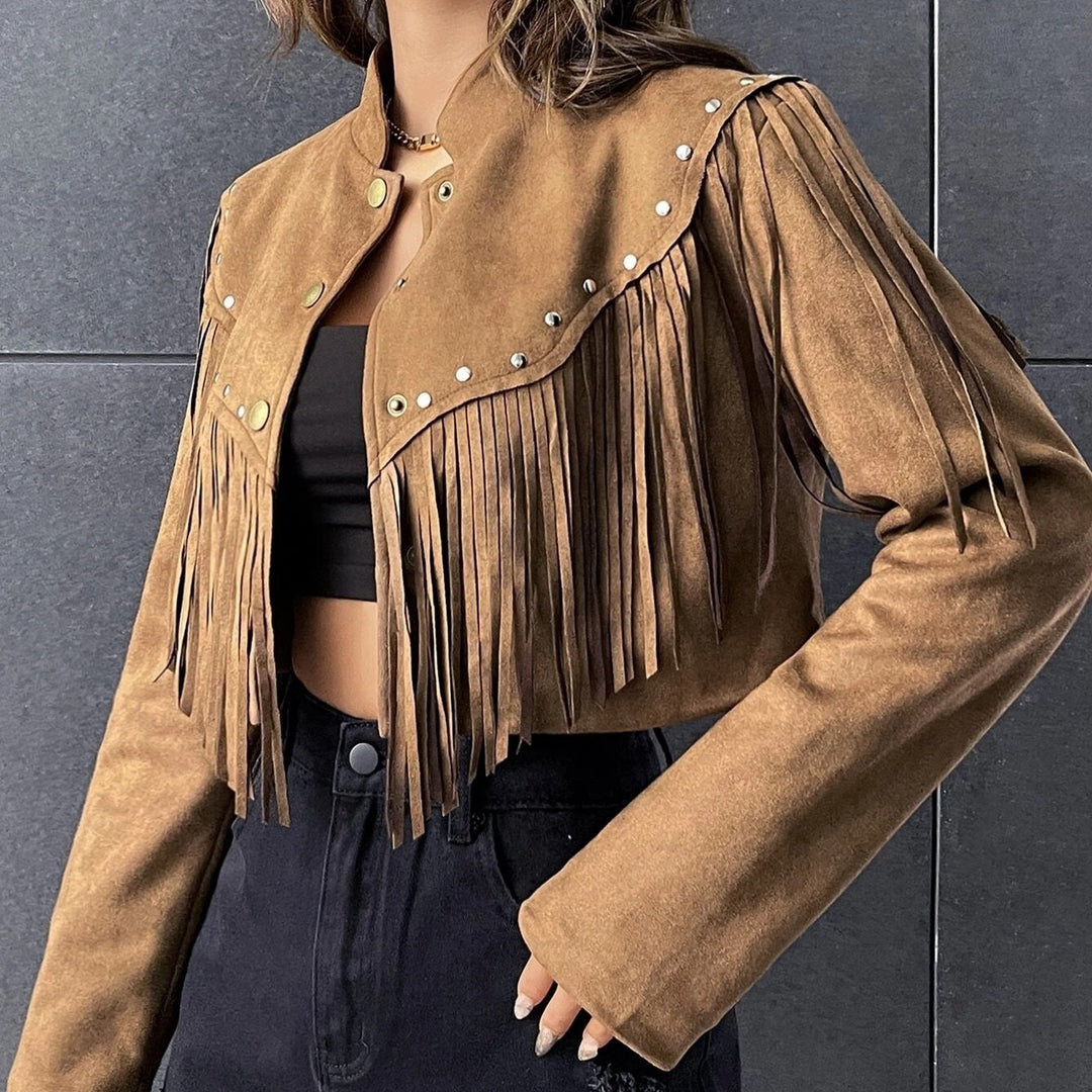 Studded Tassel Trim Faux Suede Crop Jacket Image 4