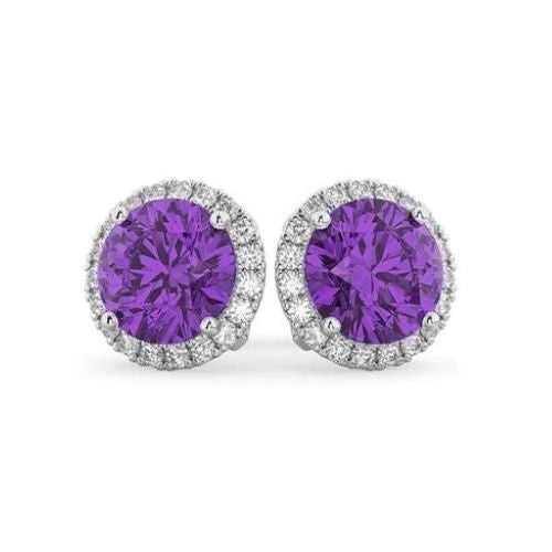 18K White Gold Plated Halo Amethyst Sapphire Round 3CT CZ Cut Stud Earrings Image 1