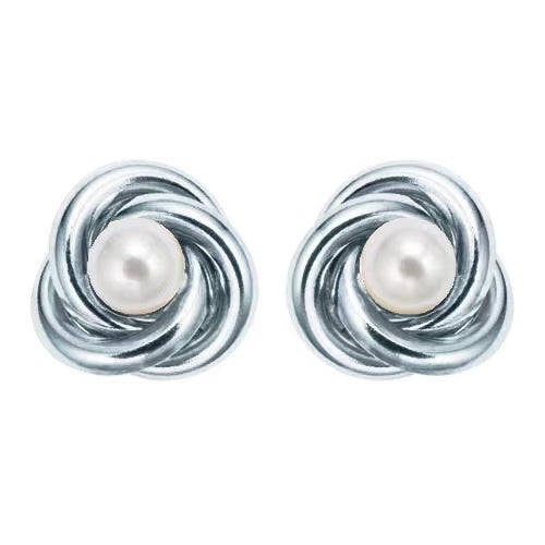 18K White Gold Plated White Freshwater Pearl Round 1/2 CT Stud Earrings Image 2