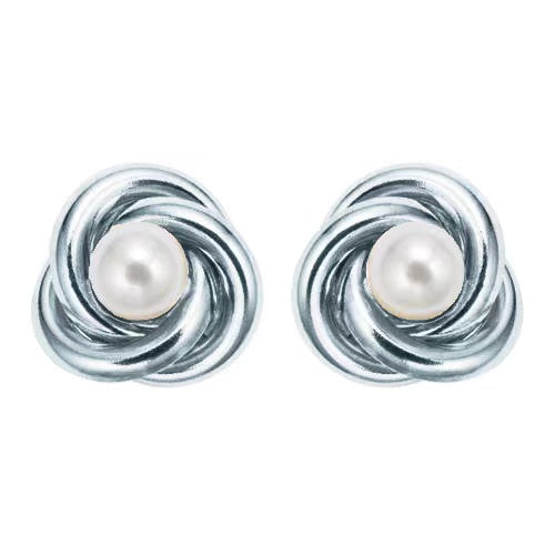 18K White Gold Plated White Freshwater Pearl Round 4 CT Stud Earrings Image 1