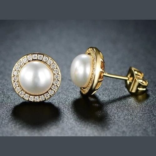 18K Yellow Gold Plated White Freshwater Pearl Halo Round 1/2 CT Stud Earrings Image 1