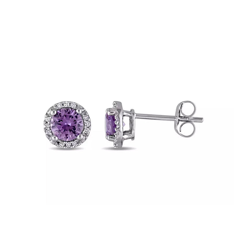 10k White Gold Plated 1 Ct Round Created Alexandrite Halo Stud Earrings Image 1