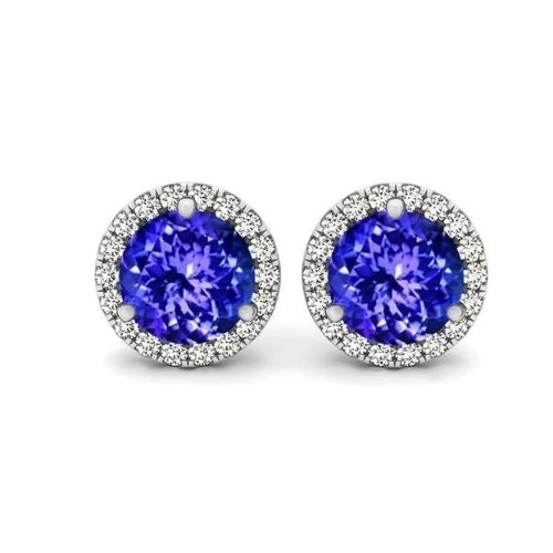 18K White Gold Plated Halo Tanzanite Sapphire Round 3CT CZ Stud Earrings Image 1