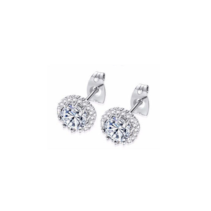 10k White Gold Plated 1/2 Ct Created Halo Round White Sapphire Stud Earrings Image 1