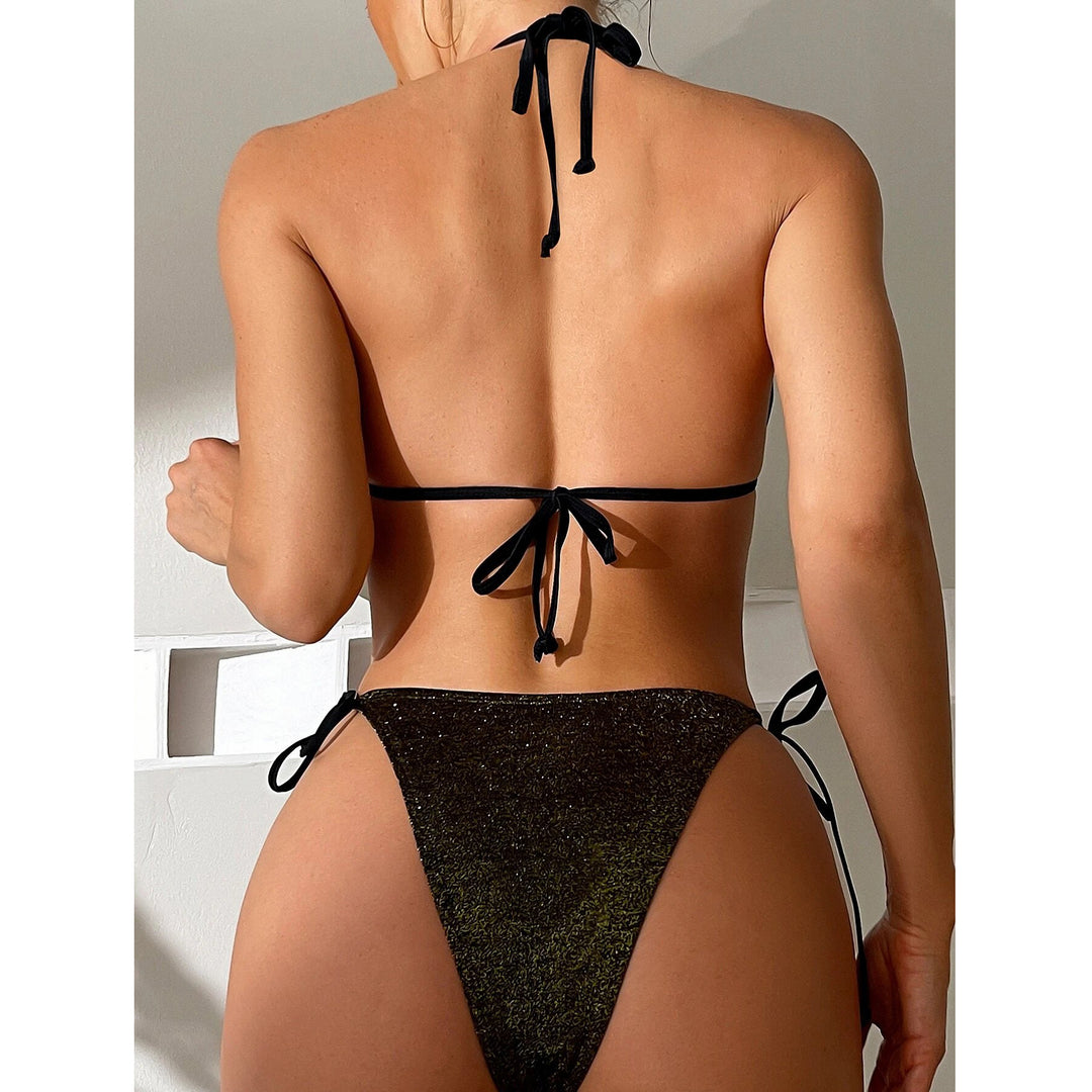 Glitter Contrast Binding Tie Side Bikini Swimsuit Image 2