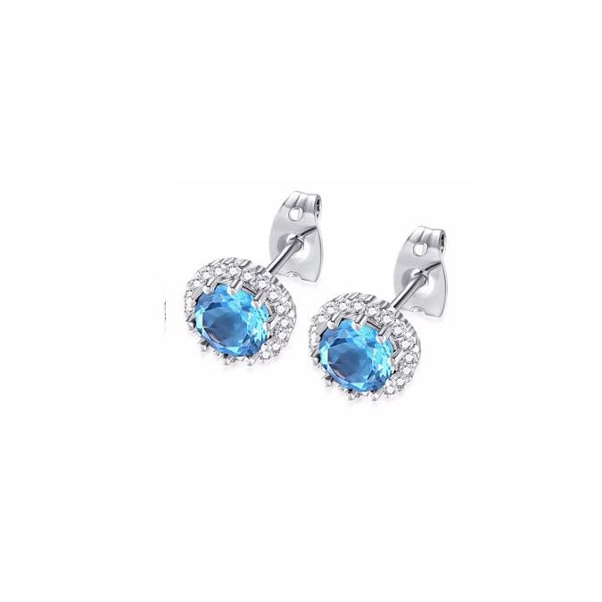 10k White Gold Plated 1/2 Ct Created Halo Round Blue Topaz Stud Earrings Image 1