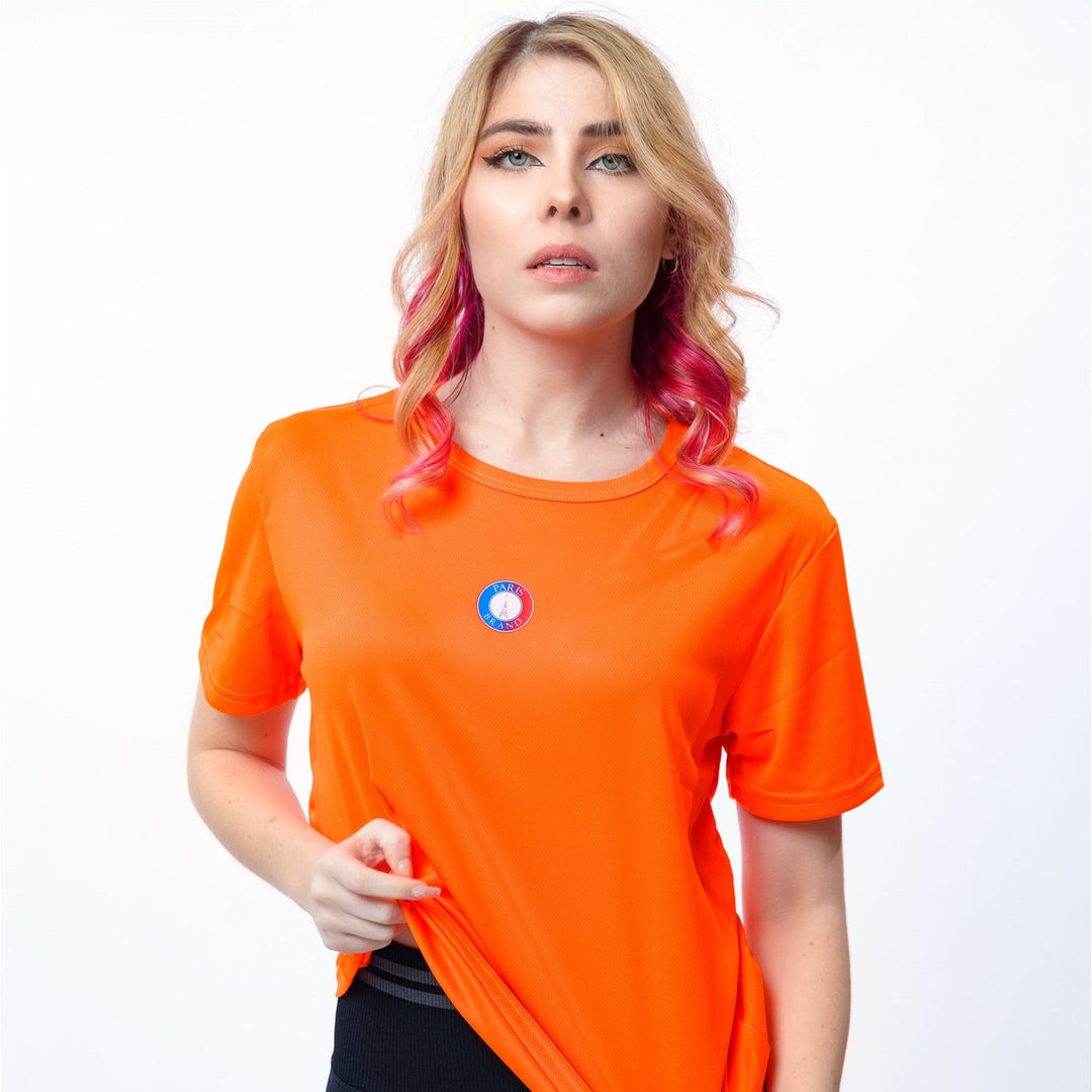 Paris Brand Sports Orange Dry Fit T-Shirt Womens Mesh Breathable Fitness Clothes Running Round Neck Slim Fit Short Image 1