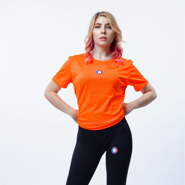 Paris Brand Sports Orange Dry Fit T-Shirt Womens Mesh Breathable Fitness Clothes Running Round Neck Slim Fit Short Image 2