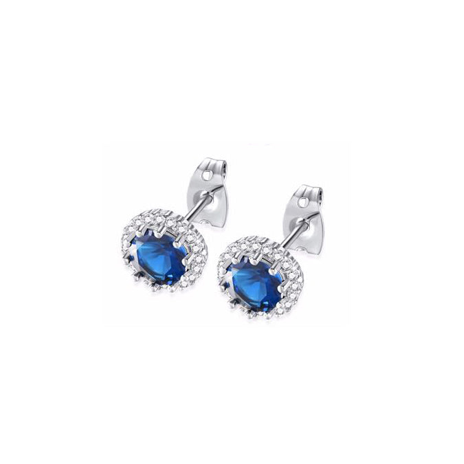 10k White Gold Plated 3 Ct Created Halo Round Blue Sapphire Stud Earrings Image 1