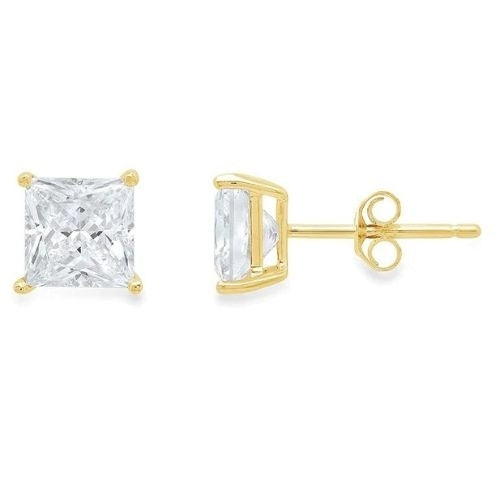 14k Yellow Gold 1/4 Carat Princess 4 Prong Solitaire Created Diamond Stud Earrings 4mm Image 1