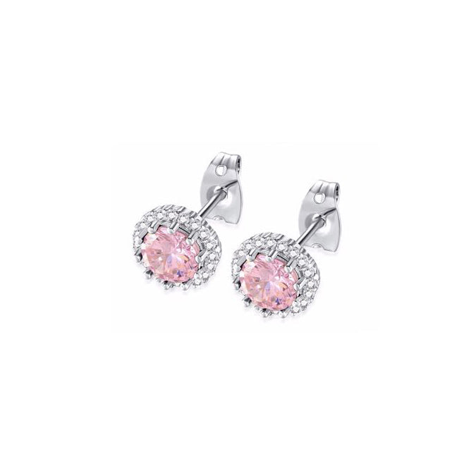 14k White Gold Plated 1/2 Ct Created Halo Round Pink Sapphire Stud Earrings Image 1