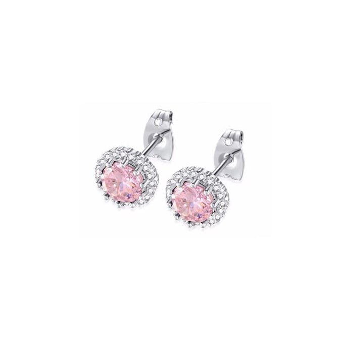 14k White Gold Plated 1 Ct Created Halo Round Pink Sapphire Stud Earrings Image 1