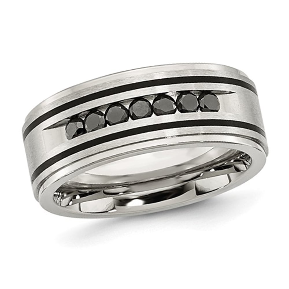 Mens 1/2 Carat (ctw) Black Diamond Stainless Steel Brushed Band Ring (9mm) Image 1