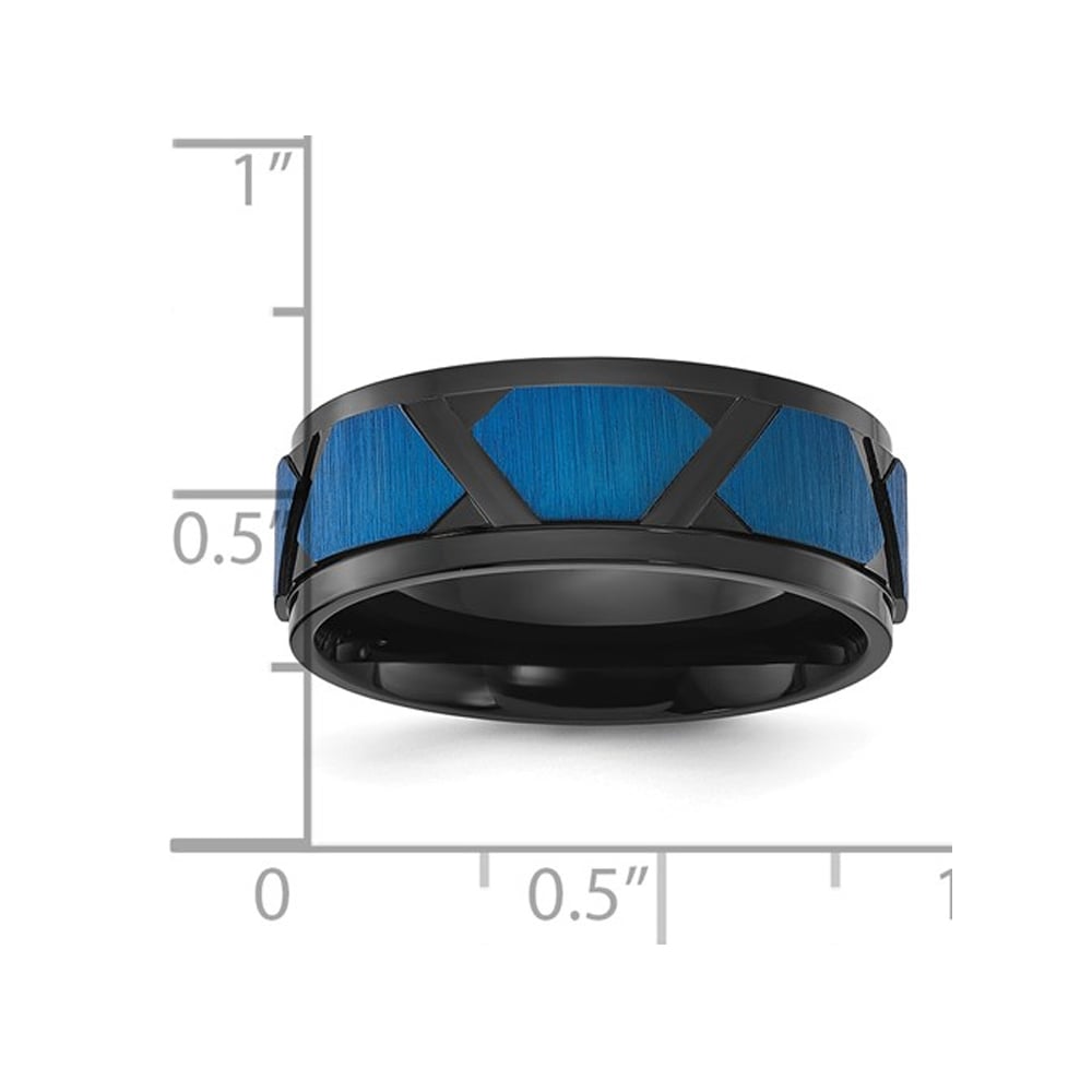Mens Titanium Polished and Brushed Blue Plating Band Ring (8mm) Image 3