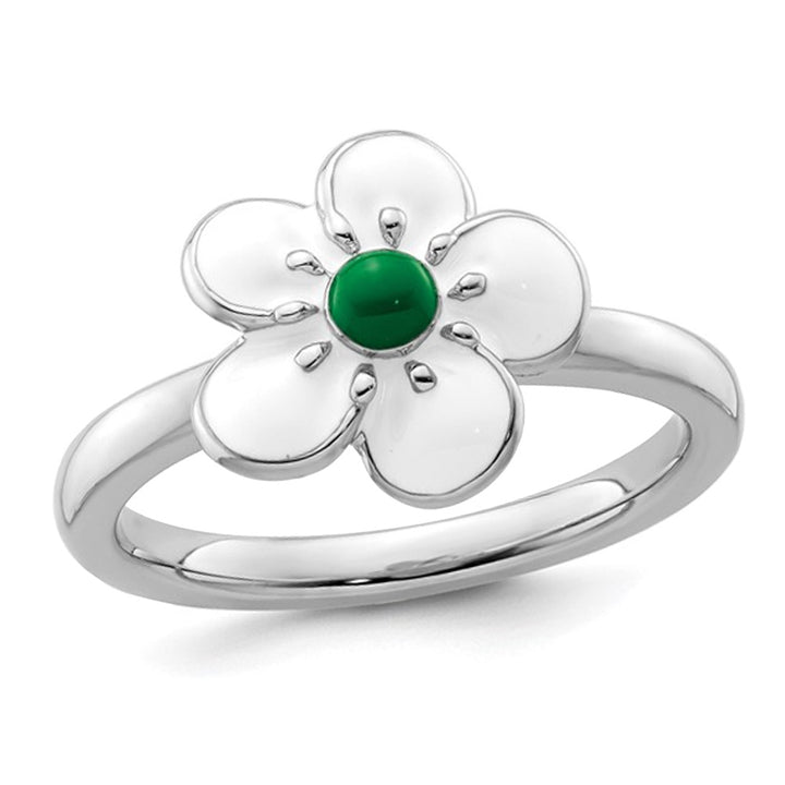 Sterling Silver Hawthorn Flower Ring with White and Green Enamel Image 1