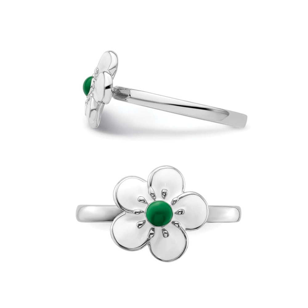 Sterling Silver Hawthorn Flower Ring with White and Green Enamel Image 4