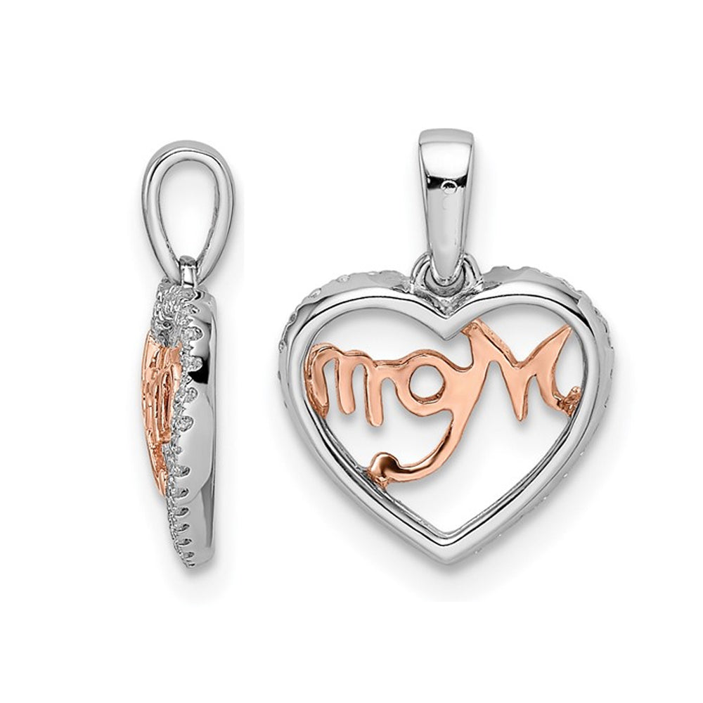 14K White and Pink Gold MOM Heart Pendant Necklace With Chain and Diamonds Image 2