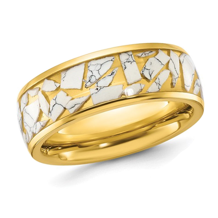 Mens Stainless Steel Yellow Plated Ceramic Fragments Inlay Band Ring (8mm) Image 1
