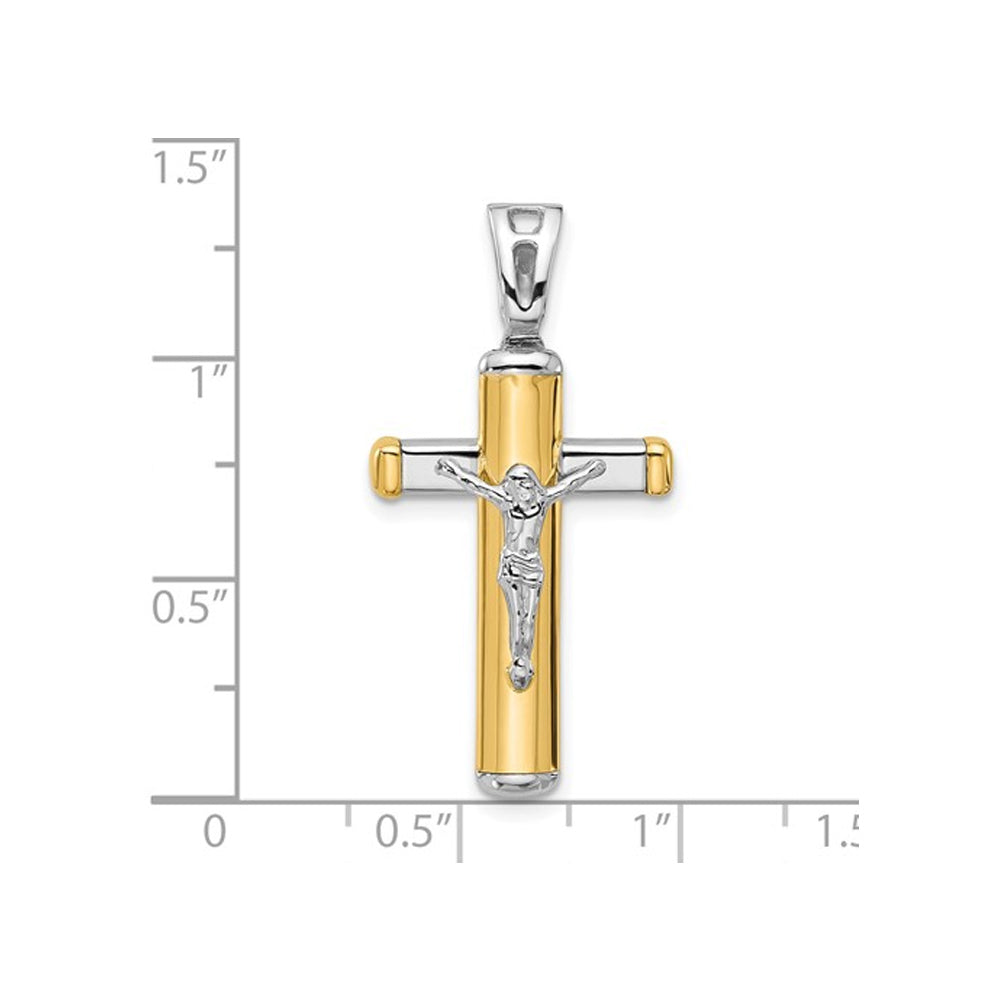 14K Yellow and White Gold Cross Polished Crucifix Pendant Necklace with Chain Image 2