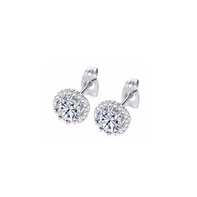 14k White Gold Plated 1/2 Ct Created Halo Round White Sapphire Stud Earrings Image 1