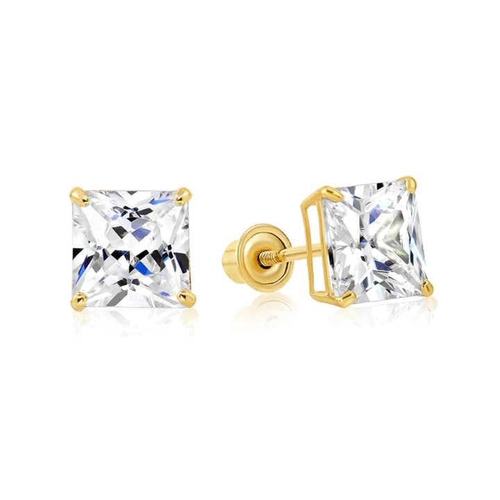 Paris jewelry 14k Yellow Gold Square CZ Stud Earrings - Screwback Image 1