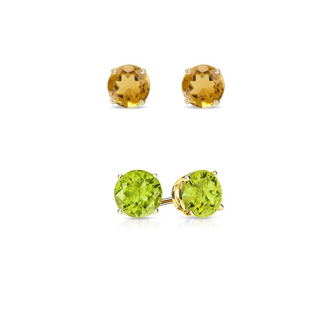 Paris Jewelry 24k Yellow Gold 1/2Ct Created Citrine and Peridot 2 Pair Round Stud Earrings Plated Image 2