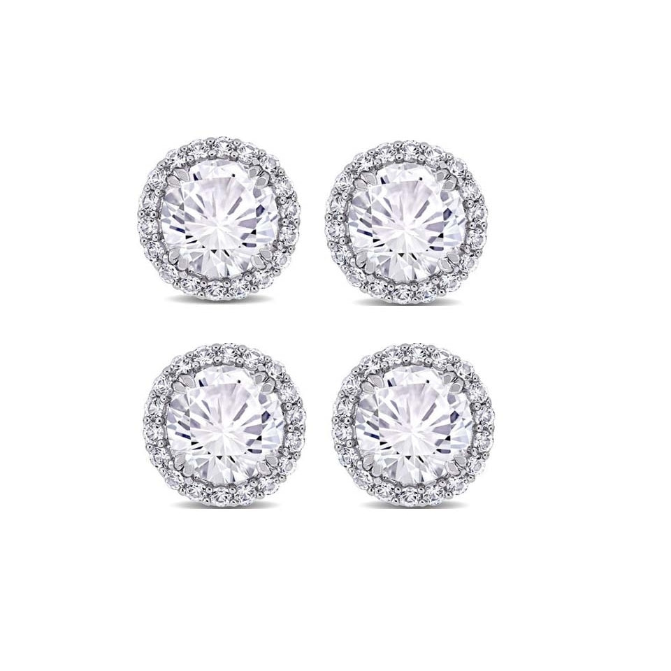 Paris Jewelry 18k White Gold 4mm 4Ct Round White Sapphire 2 Pair Halo Stud Earrings Plated Image 2