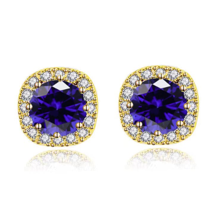 Paris Jewelry 10k Yellow Gold 1Ct Round Created Blue Sapphire Halo Stud Earrings Plated Image 1
