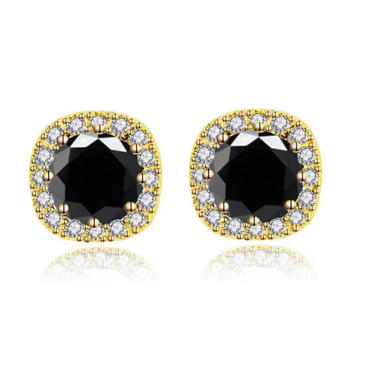 Paris Jewelry 14k Yellow Gold 1Ct Round Created Black Sapphire Halo Stud Earrings Plated Image 1