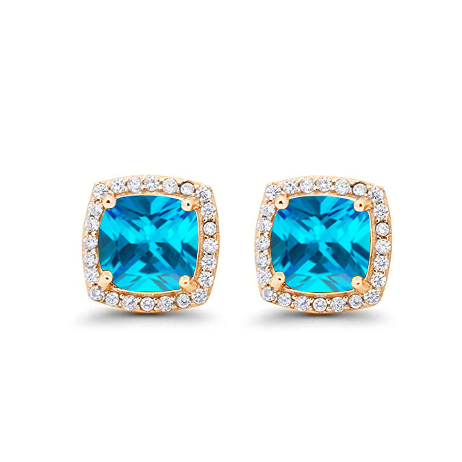 Paris Jewelry 24k Yellow Gold 1/2Ct Created Halo Princess Cut Blue Topaz Stud Earrings Plated Image 1