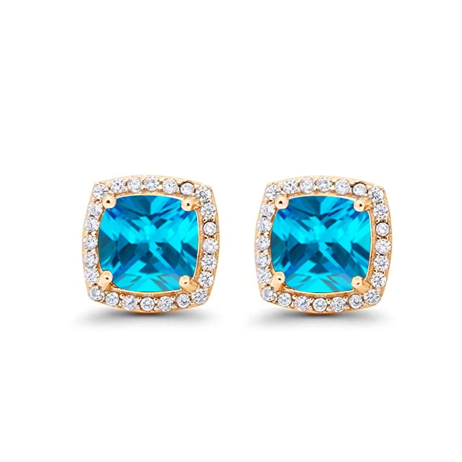 Paris Jewelry 24k Yellow Gold 1Ct Created Halo Princess Cut Blue Topaz Stud Earrings Plated Image 1