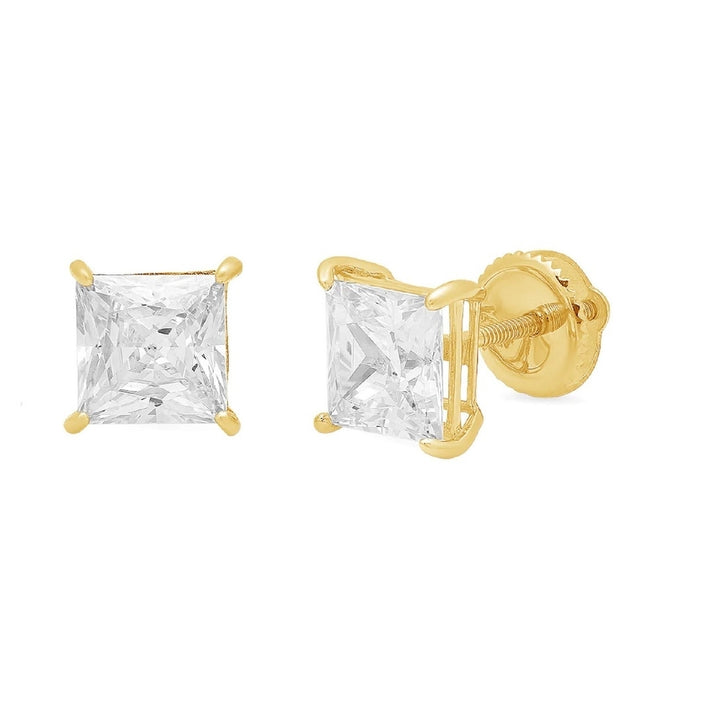 Paris Jewelry Genuine 14k Yellow Gold Square Cubic Zirconia Stud Earrings Screw Back (8MM) Plated Image 2