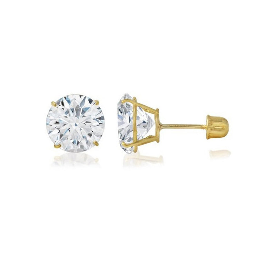 Paris Jewelry Genuine 14k Yellow Gold Round White Sapphire Stud Earrings Screw Back (8MM) Plated Image 1